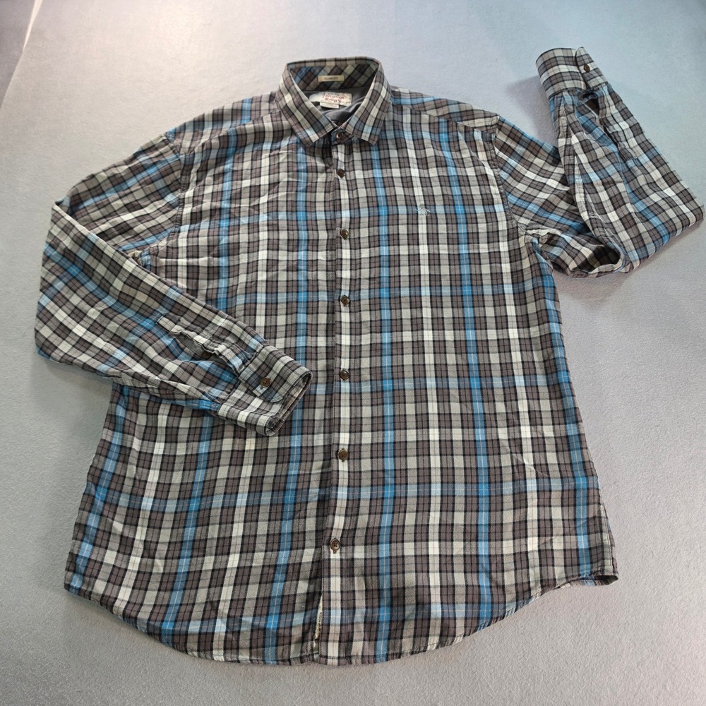 Original Penguin Mens Classic Fit Plaid Button Down Shirt Blue Grey Large OP3010